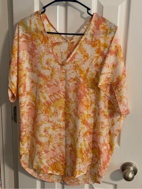 Lush Pink & Yellow Abstract V-Neck Blouse
